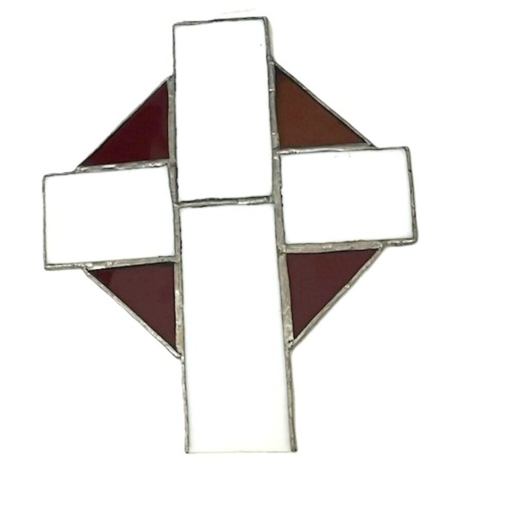 Vtg Stained Glass Cross‎ Suncatcher White & Red Handmade Hanging